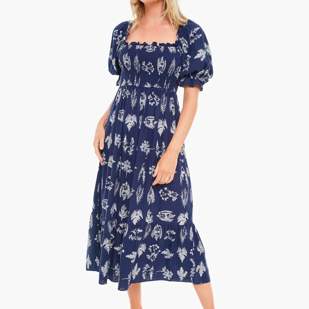 Tuckernuck Blue Midi Sundress with Smocked Bodice and Puff Sleeves